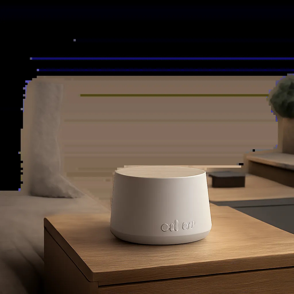 Une machine à bruit blanc dans un intérieur minimaliste et apaisant, illustrant un usage pour le sommeil ou la concentration. L’image évoque le confort sonore, la sobriété et une technologie discrète.