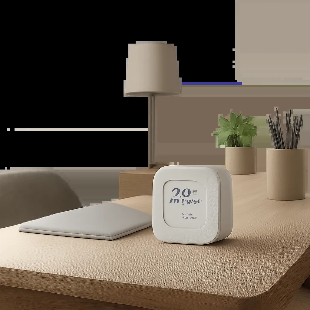 Un capteur de température discret posé dans un bureau moderne illustre le suivi simple du confort thermique. L’image évoque une maîtrise précise de l’environnement intérieur, sans surcharge visuelle.