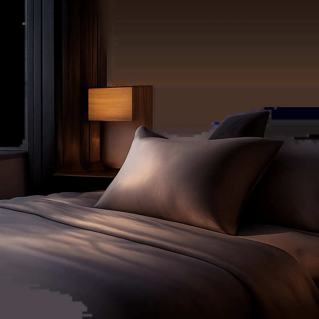 Une scène premium illustre la transition vers le repos avec un oreiller du soir posé sur une literie élégante. L’ambiance met en avant la douceur, la détente thermique et le rituel du coucher.